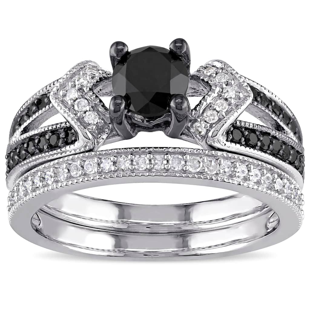 Miadora Sterling Silver Black Rhodium 1 1/8ct TDW Black and White Diamond Split Shank Bridal Set