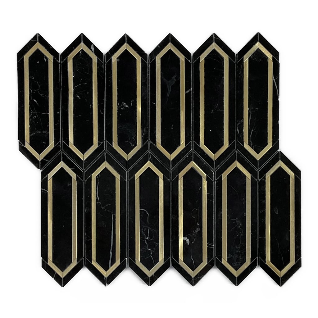 Nero Marquina and Gold Metal Long HoneyComb Marble Mosaic Tiles - Case (10 Sheets)