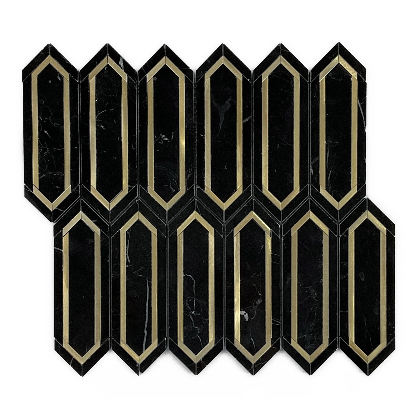 Nero Marquina and Gold Metal Long HoneyComb Marble Mosaic Tiles - Case (10 Sheets)
