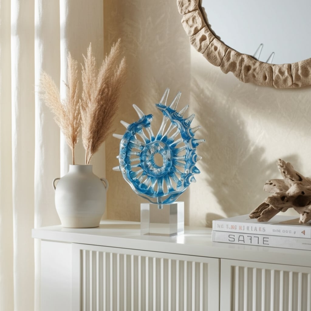 Glass Sculpture Abstract Spiral Crystal Base Modern Accent - 15" Blue - 11.5" x 3.25" x 15"