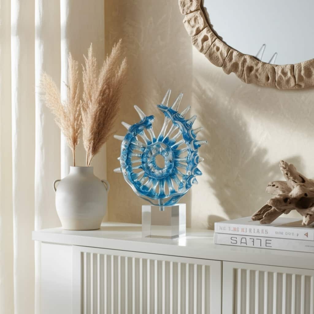 Glass Sculpture Abstract Spiral Crystal Base Modern Accent - 15" Blue - 11.5" x 3.25" x 15"