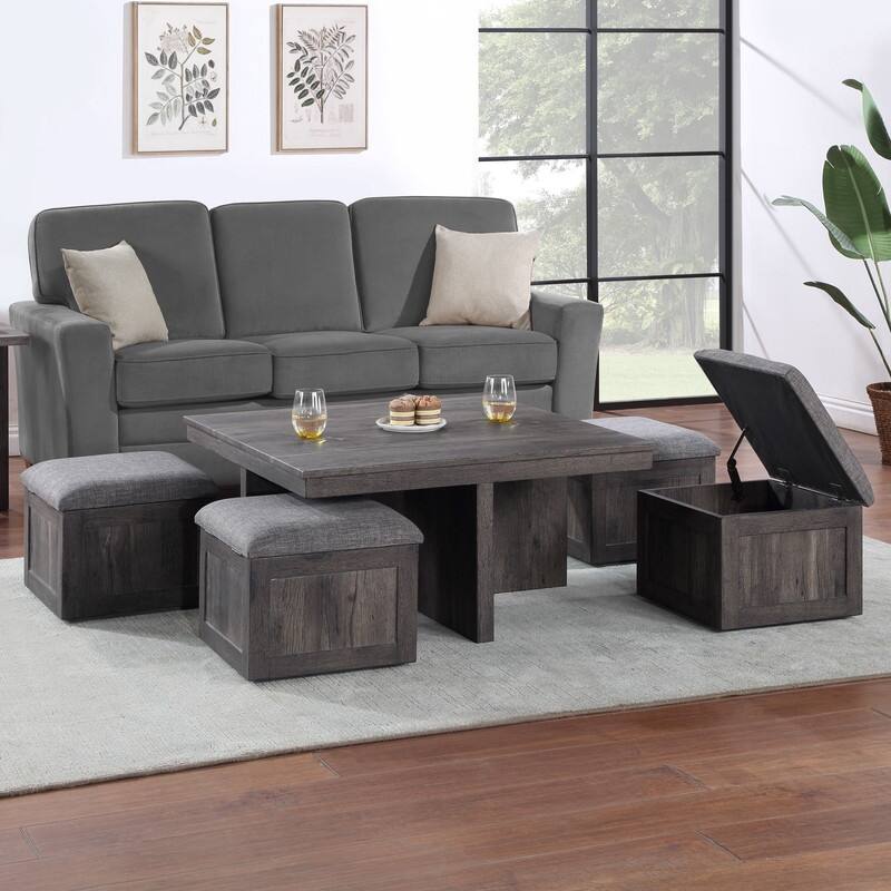 Moseberg Coffee Table with Storage Stools - Rustic Wood