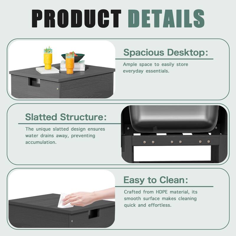 Outdoor Patio Weather Resistant HDPE Coffee & Side Table, Build-in Stainless Steel Cooler Bucket