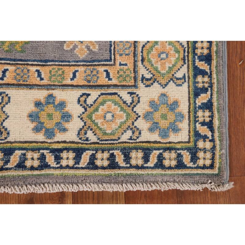 Gray Geometric Kazak Accent Rug Handmade Wool Carpet - 2'8" x 4'2"