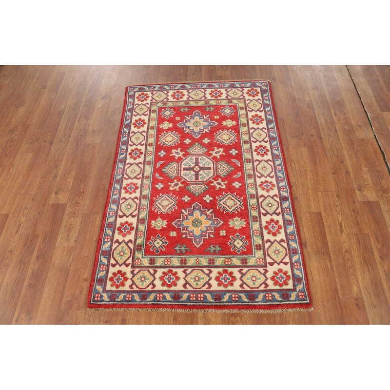 Red Geometric Kazak Foyer Rug Handmade Wool Carpet - 2'7"x 4'0"