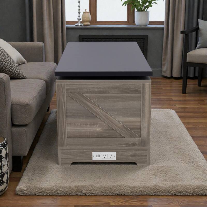 Farmhouse Lift Top Coffee Table with Barn Doors, Rotating Wood Center Table with Hidden Storage and Open Shelves