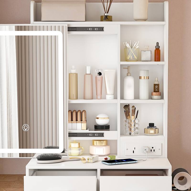 Small Makeup Vanity with Mirror & LED Lights, Charging Station, Storage Drawers, Cushioned Stool, White Dressing Table