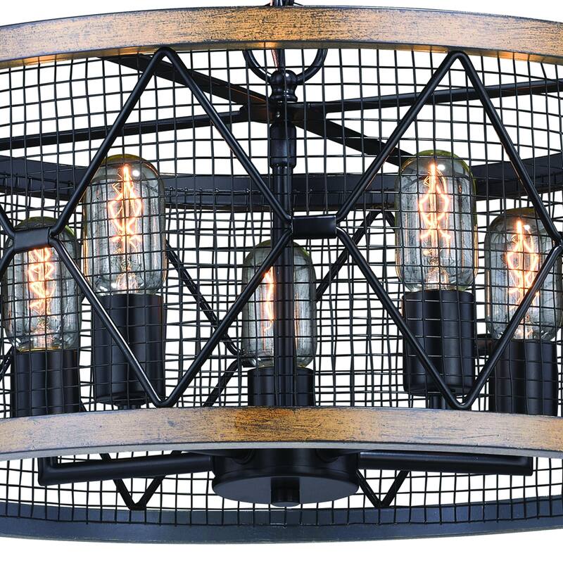 Bremerton 5 Light Black and Wood Cage Drum Chandelier - 20-in W x 11.5-in H x 20-in D