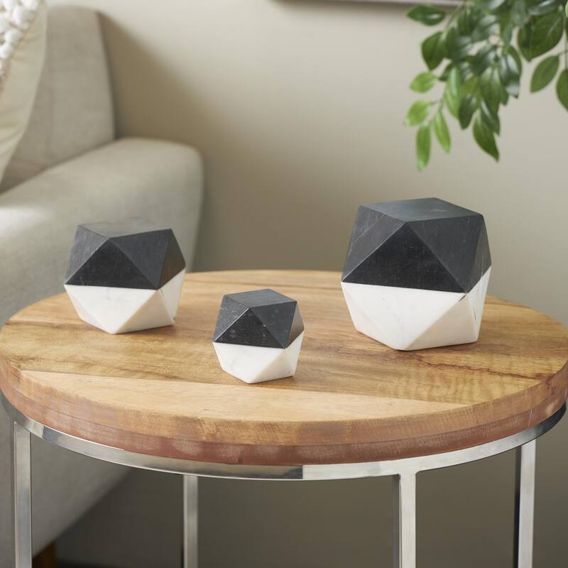 Marble Geometric Cube Two-Toned Hexagon Decorative Sculpture - Set of 3 White or Black - Roche River Decor