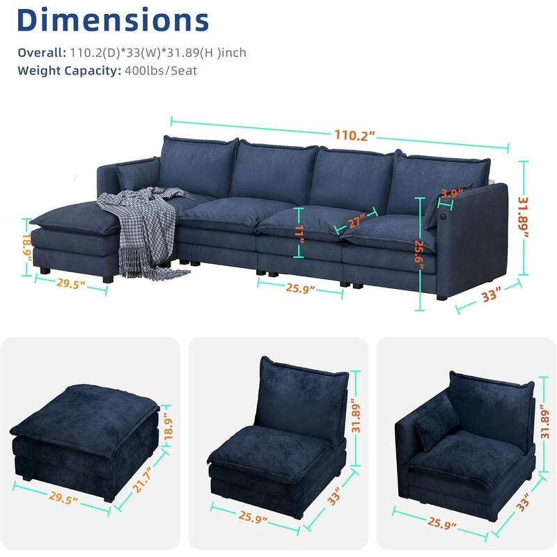 Modular Sectional Sofa L Shaped Couch, 3/4 Seat Sofa Set with Ottoman, Chenille Fabric