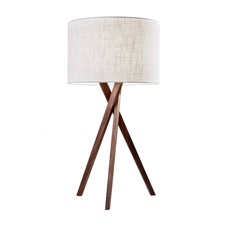 Brown Wood Linen Shade Tripod Table Lamp with Drum Shade and Rotary Socket Switch - 15” x 15” x 29.5” (D x W x H) - Brown