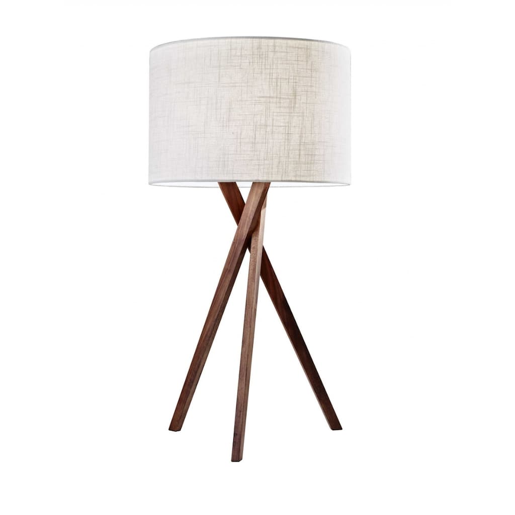 Brown Wood Linen Shade Tripod Table Lamp with Drum Shade and Rotary Socket Switch - 15” x 15” x 29.5” (D x W x H)