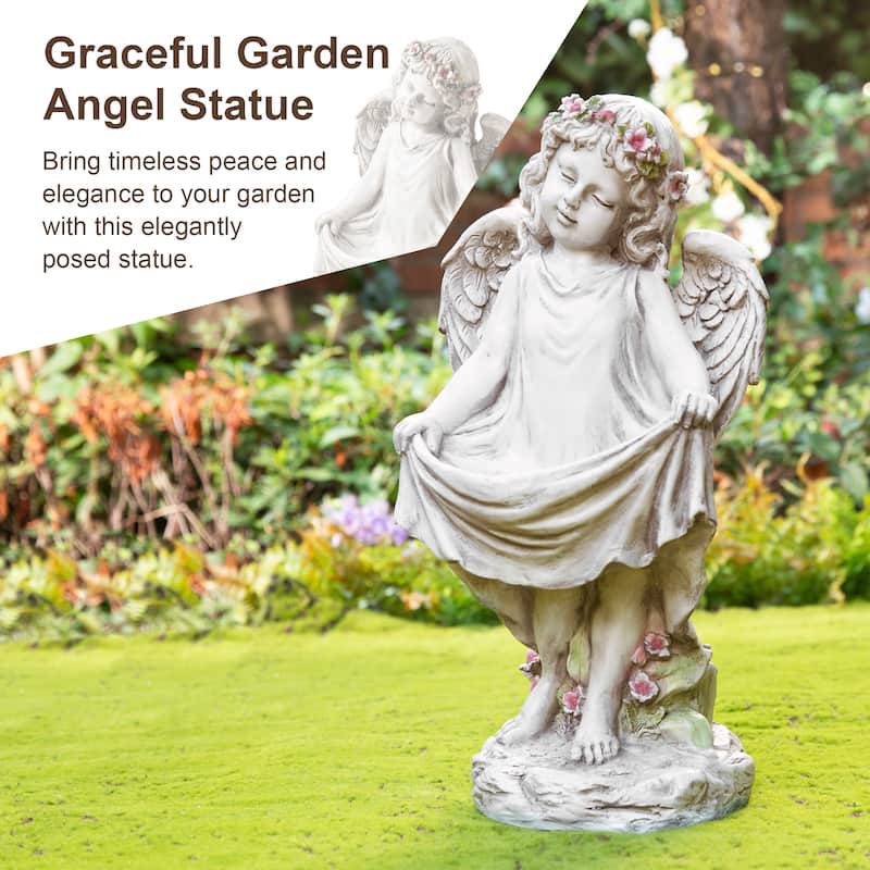Glitzhome Vintage MgO Angel Distressed Garden Statue Sculpture with a Birdfeeder
