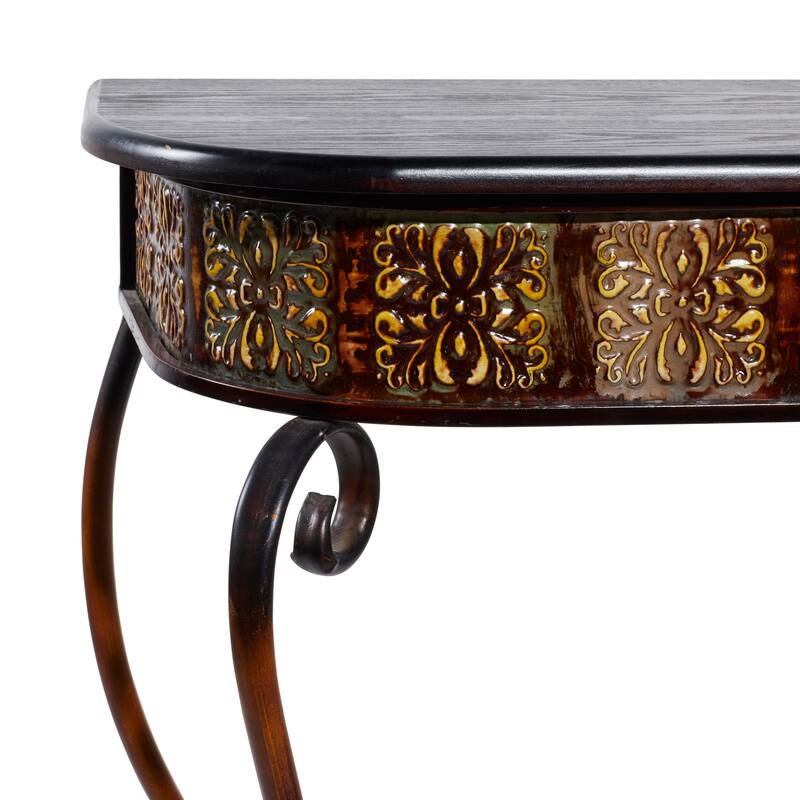 Metal Floral Embossed 1 Shelf Console Table with Ornate Scroll Legs - Brown - Roche River Decor - 14"Wx43"Lx32"H