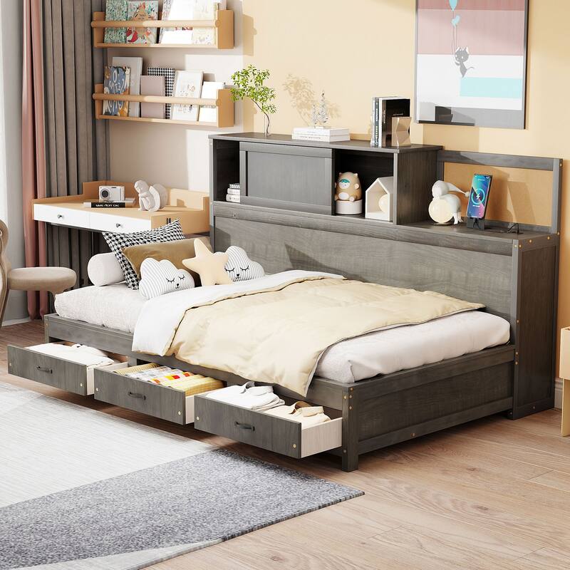 Full/Twin Size Built-in Storage Bed Versatile Wooden Daybed with 3 Drawers, Pushable Top Shelf, USB Ports and Power Outlets - Twin - Grey