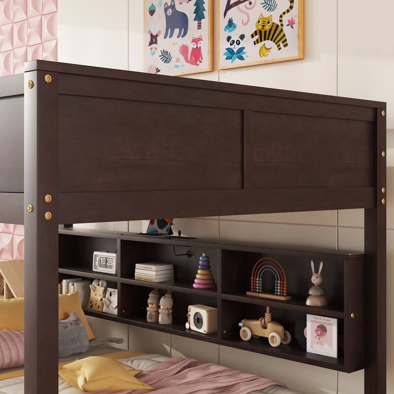 Queen Over Queen Bunk Bed with Built-in Storage Cabinets and Charging Station