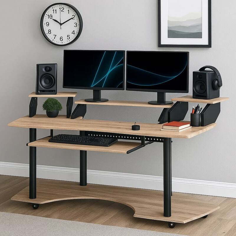 Wooden Desk with Metal Base and Open Compartments, Brown