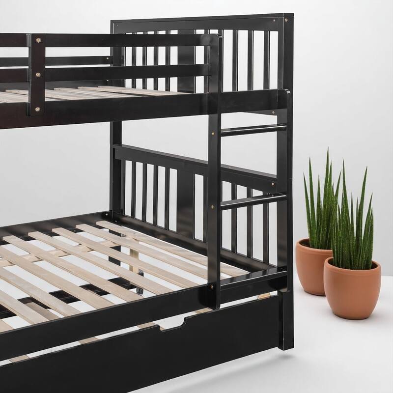 Solid Wood Full over Full Bunk Bed with Trundle, Detachable Beds with Safety Rails and Ladder, No Box Spring Needed