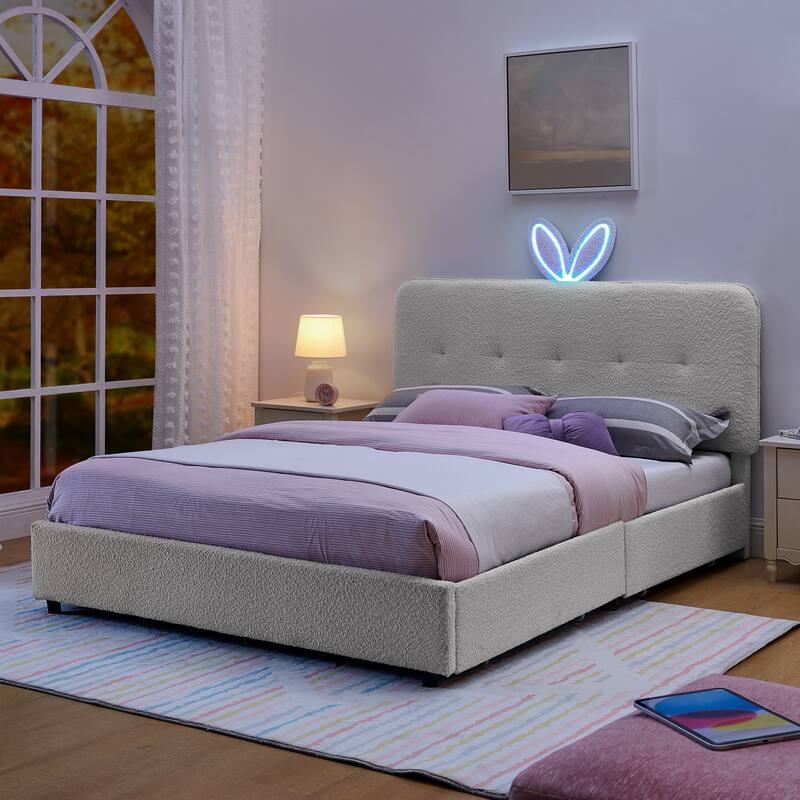 Queen Size Boucle Upholstered Bed with Rabbit Ear Headboard, LED Music Sync & 4 Drawers