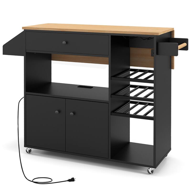 Gymax Kitchen Island Cart w/ Drop-Leaf & Power Outlet Microwave Shelf