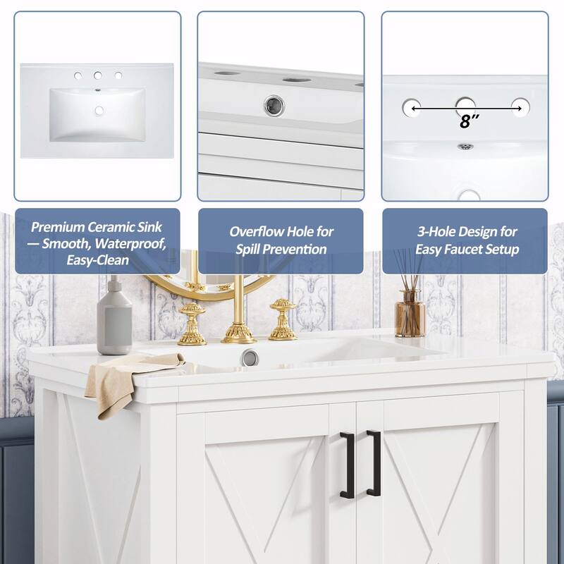 30" Bathroom Vanity - Solid Wood Frame, Single Sink, 2 Soft-Close Doors, Divided Drawer & Dual Storage Shelves
