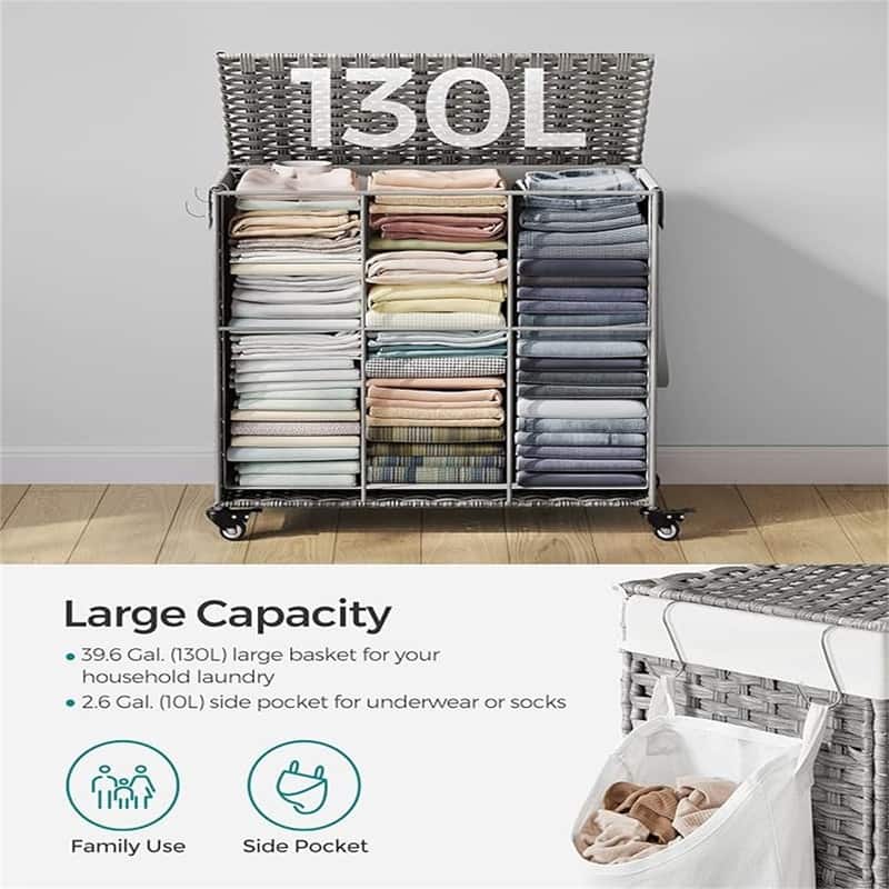 Laundry Hamper with Lid, 37 Gallon (140L) - 26"L x 13"W x 23.6"H