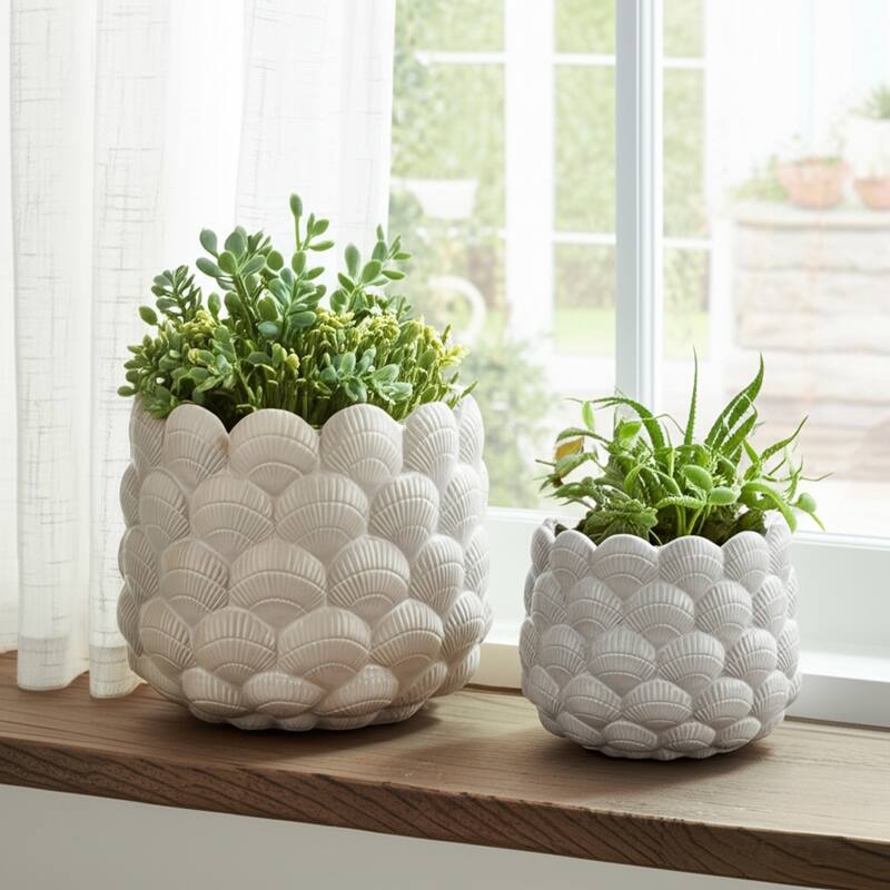 Stoneware Planters Embossed Fan Pattern (Set of 2) - 7", 5" White - 9" x 9" x 7"
