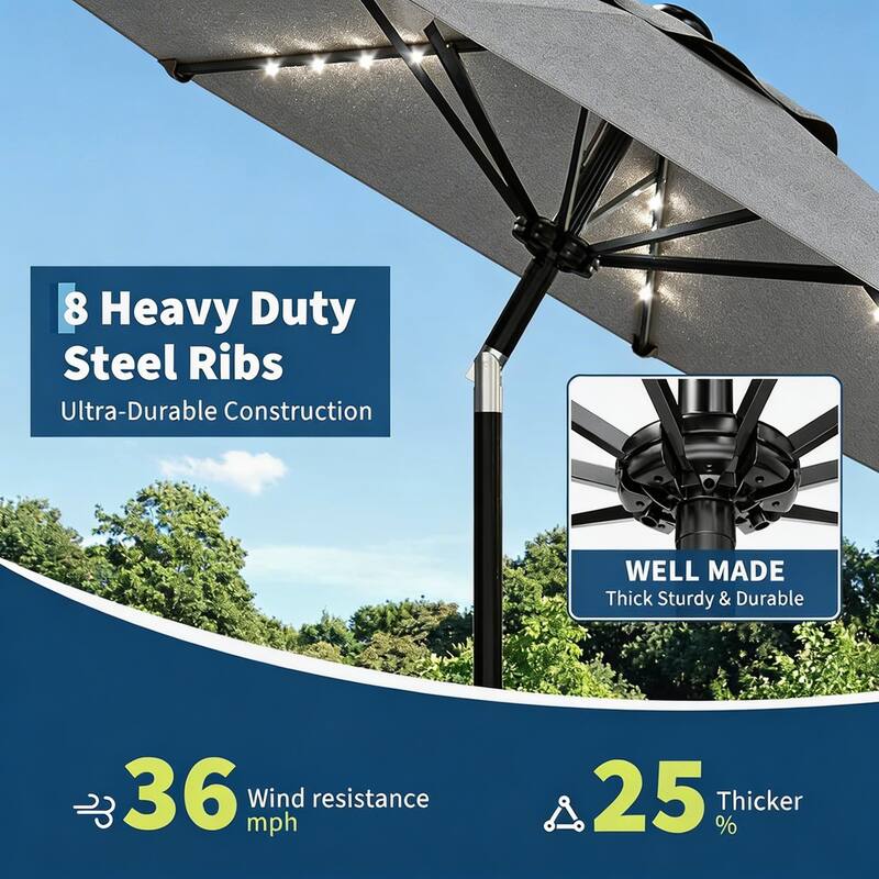 9 ft Patio Umbrella, 8 Sturdy Ribs, with Lights