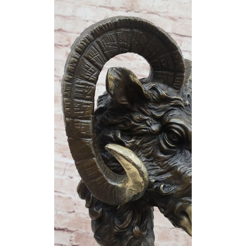 Rams Head Bust Bronze Metal Sculpture Statue On Marble Base Signed Original Art 17 Inches X 10 Inches
