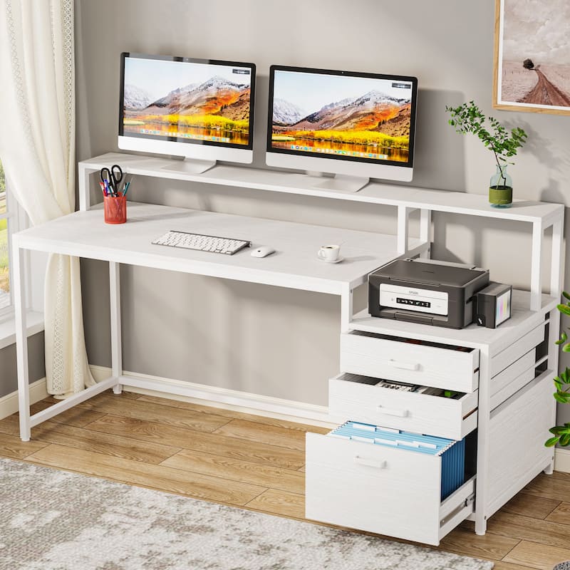 63" Computer Desk with Monitor Stand, Ergonomic Home Office Desks with Drawers File Cabinet