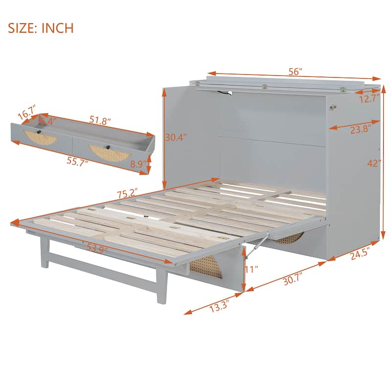 Full Size Modern Murphy Bed with Drawer, USB Ports, and Outlets