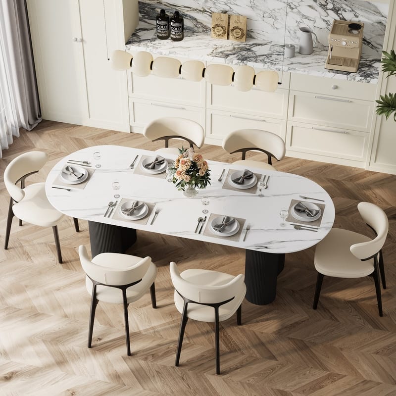 71" Glossy White Sintered Stone Dining Table, Double Round Legs, Oval Kitchen Table for 6 Persons