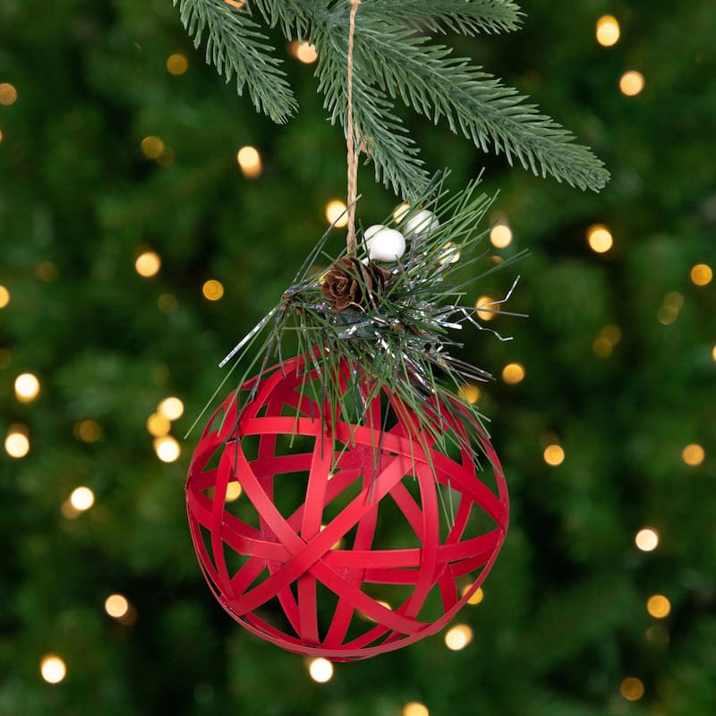 Hollow Metal Christmas Ball Ornament with Pinecone and Berries - 5" - Red
