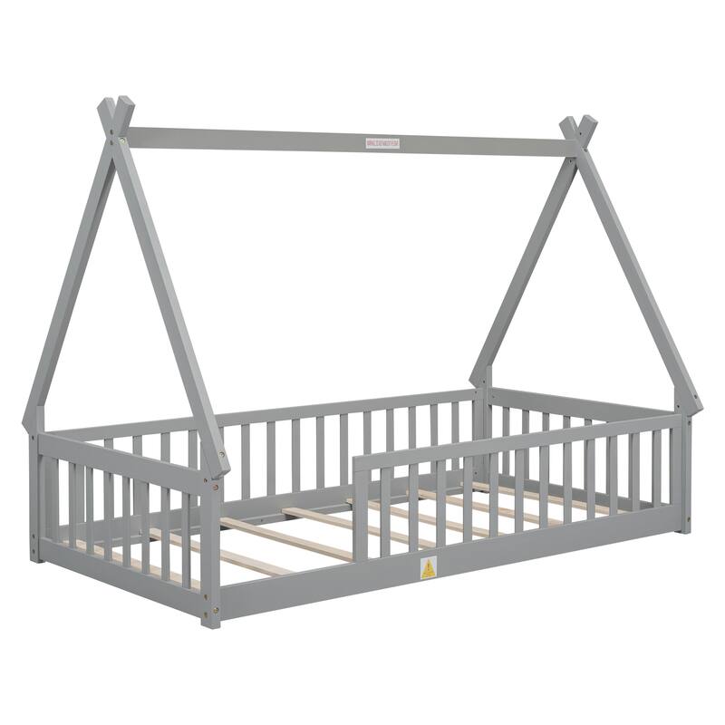 Cozy Twin Teepee Bed for Kids with Guardrails, Tent-Style Floor Bed Frame, Pine Wood Construction, 200 lbs Capacity