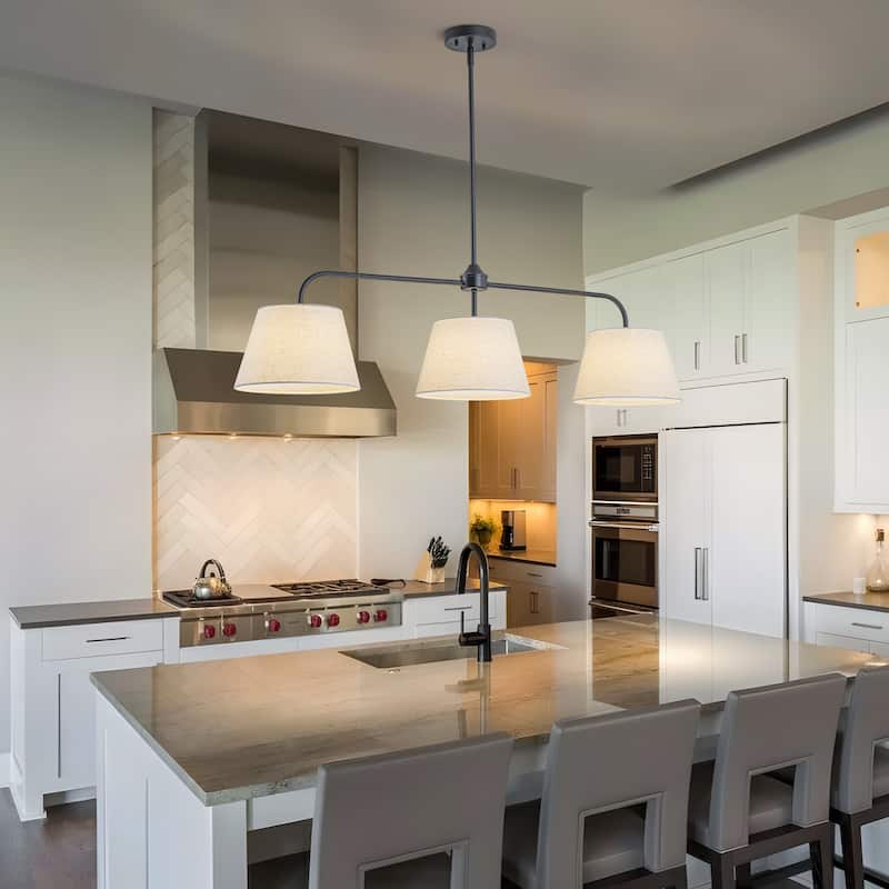 Starsky 3-Light Modern White Linear Drum Fabric Kitchen Island Light