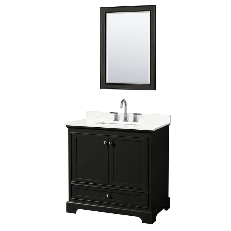 Deborah 36-inch Single Vanity, Quartz Top, 24-inch Mirror - Dark Espresso, Chrome Trim, Giotto Quartz Top