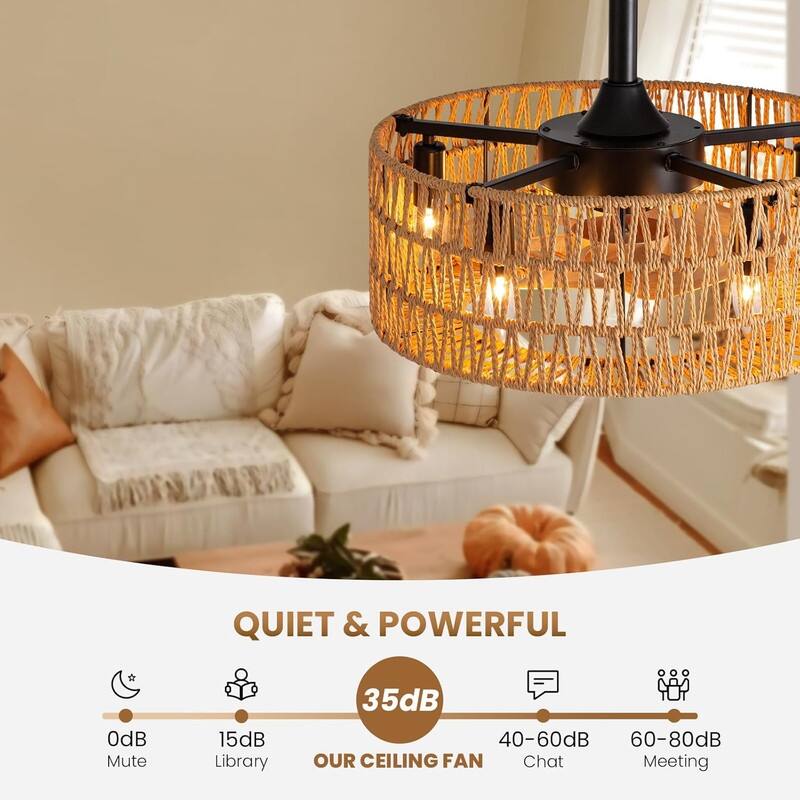 18 in. Boho Caged Ceiling Fan with Light Rattan Farmhouse Fandelier Low Profile Ceiling Fan for Bedroom Kitchen Living Room