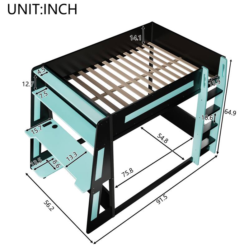 Gaming Bunk Bed with Computer Desk, Storage Shelves, USB Port and LED Strip Lighting, Esports Design, Wooden Gaming Bed