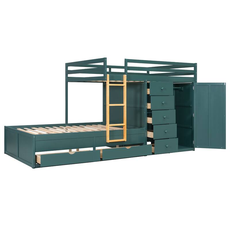 Roomfitters Full Size Bunk Bed with Drawers and Mini Wardrobe, Solid Wood