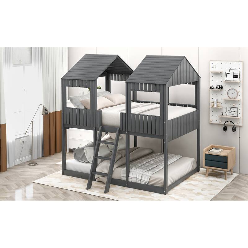 Full Over Full Wood House Bunk Bed with Roof, Window, Guardrail, Ladder