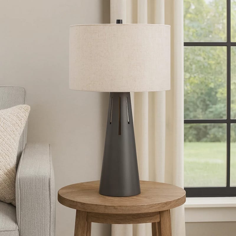 Tiy 30 Inch Table Lamp, White Hardback Drum Shade, Gray Iron Cone Base