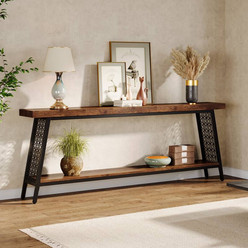 70.9" Extra Long Console Table, 2-Tier Sofa Table, Industrial Entryway Table for Living Room - Brown/Black
