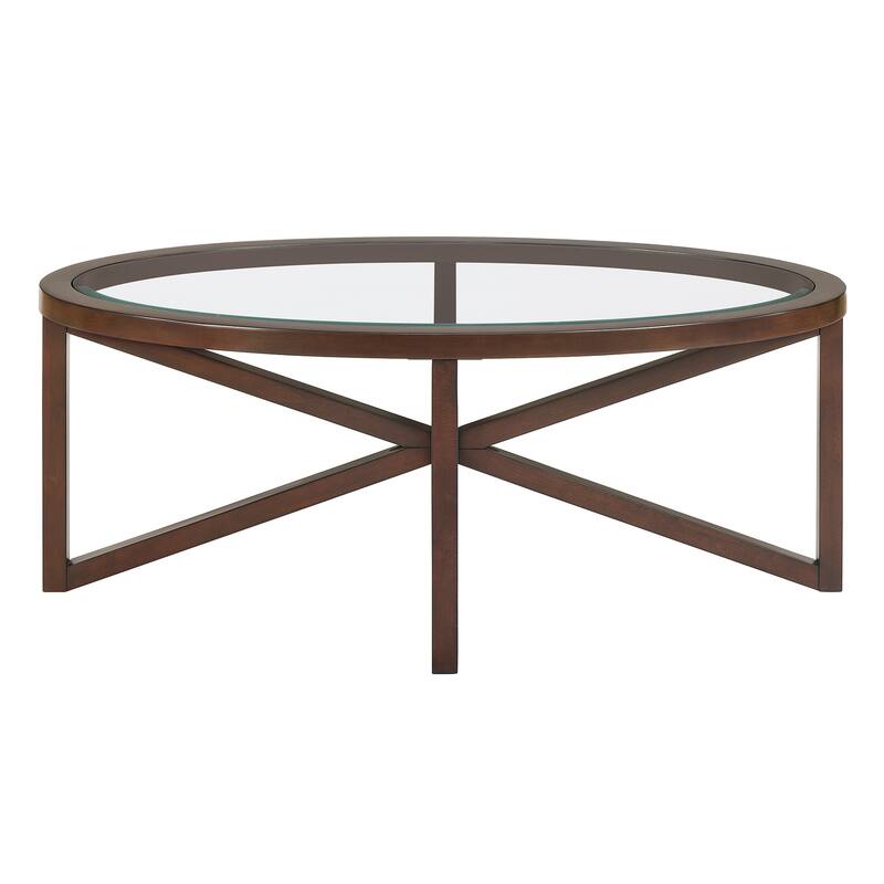 Roomfitters Modern Round Tempered Glass Coffee Table with Solid Wood Base, Clear Top Accent Table for Living Room