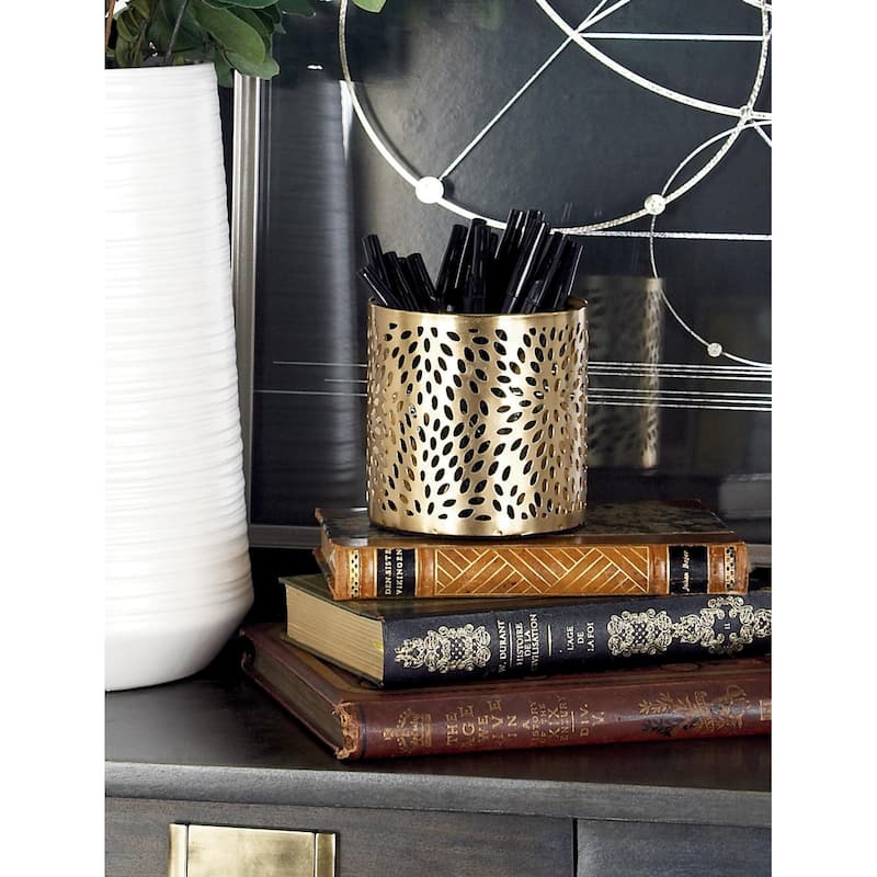 Metal Geometric Pencil Cup with Laser Carved Design - Gold - Roche River Decor