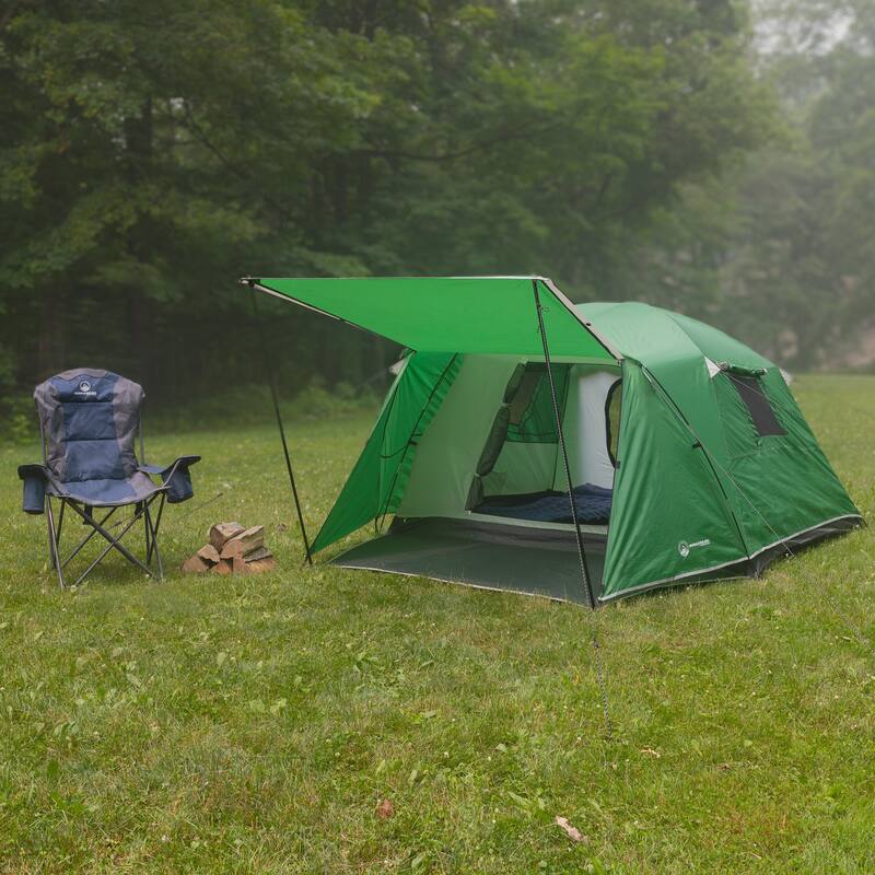 4 Person Camping Tent - Water-Resistant Outdoor Shelter with Attached Porch Canopy and Carrying Bag by Wakeman Outdoors (Green)