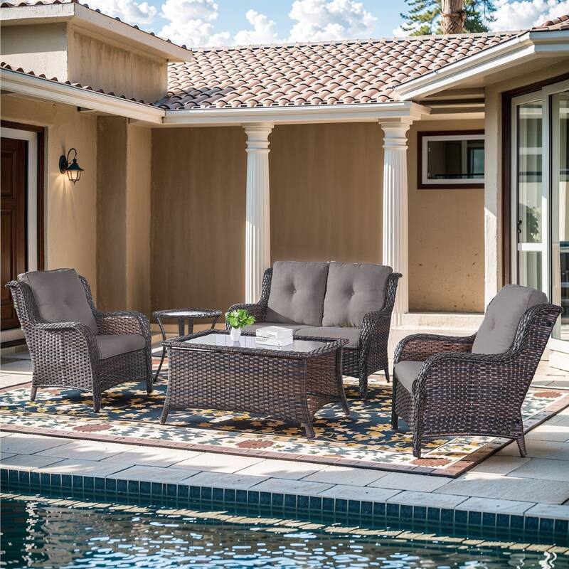 Outdoor Loveseat Sofa with Chair Ottoman Table - 5PCS - Sofa with Chair and Coffee Table - Brown Rattan - Grey Cushion