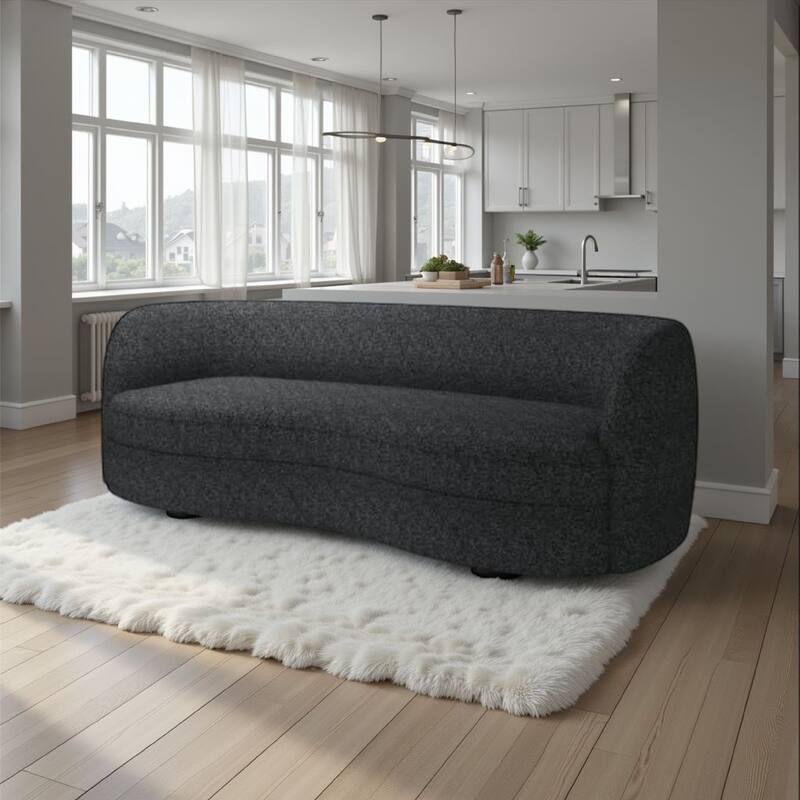 Srey Sofa, 84 Inch, Plush Black Boucle, Curved Curved Kidney Shape