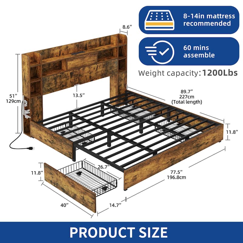 Moasis LED Bed Frame with Bookcase Headboard, 4 Storage Drawers and Type-C USB Charging Station