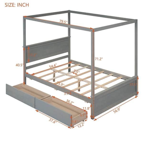 dimension image slide 1 of 3, Full Size Wood Canopy Bed with 2 Drawers - Modern Design for Stylish Bedrooms, Brushed White/Brown/Grey