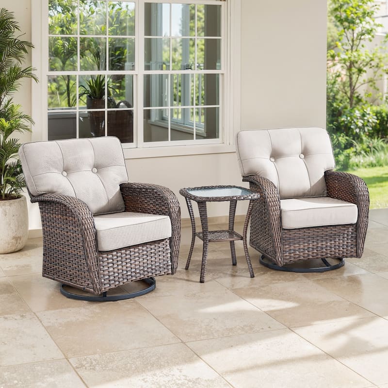 TWrap Brown Wicker Patio 3-Piece Swivel Gliders Conversation Set with 5-Inch Thick Cushions - Brown/Beige - 3-Piece